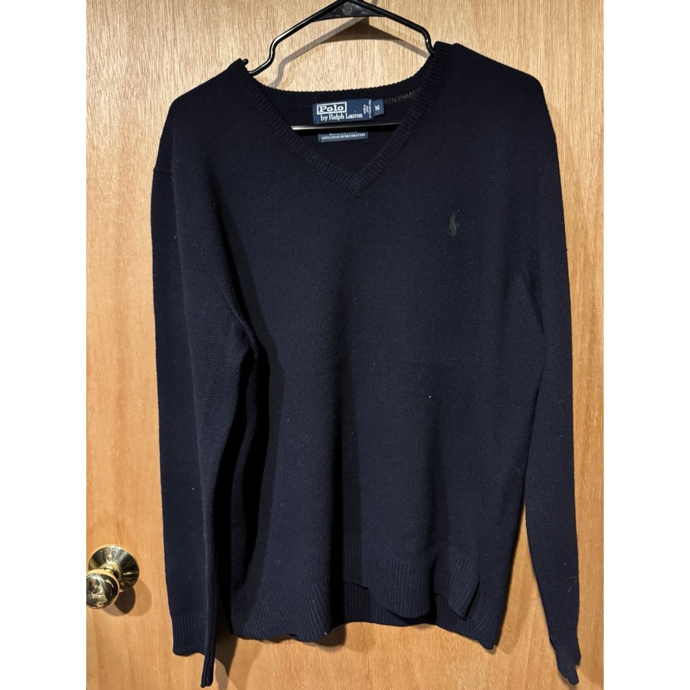 Polo Ralph Lauren Men's Navy Blue 100% Lambswool V-Neck Sweater Size Med (C1)